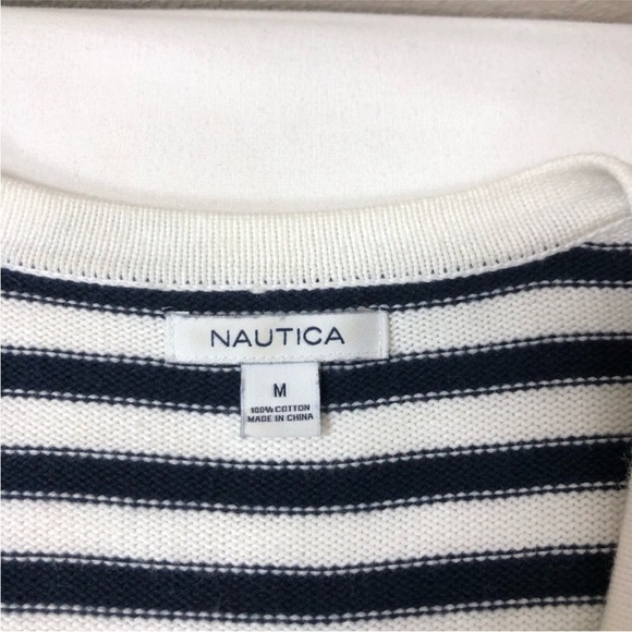 Nautica Cotton Knit V Neckline String Navy White Stripes Versatile Sweater M - Picture 7 of 10